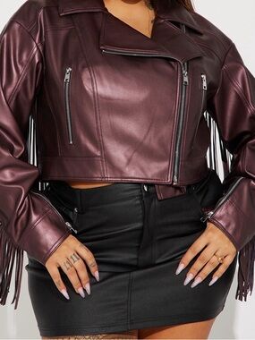 Fashion Nova Fringe Faux Leather Moto Jacket - Deep Burgundy